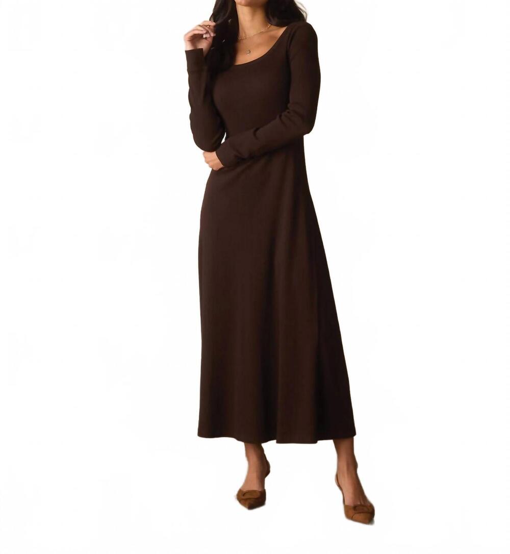 NEW THE NORMAL BRAND normal rib long sleeve midi dress in dark brown